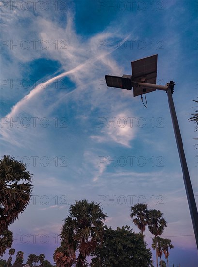 A silhouette of a solar-powered streetlamp against evening sky with clouds and palm trees, sustainable living