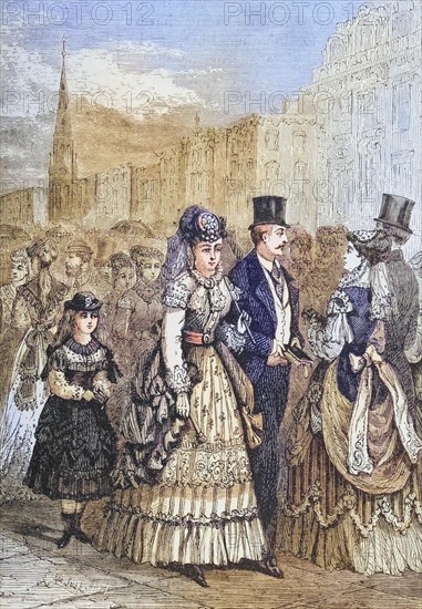 Strolling crowd on Fifth Avenue in New York in the 1870s. From American Pictures Drawn With Pen And Pencil by Rev Samuel Manning c. 1880, United States, America, Historic, digitally restored reproduction from a 19th century original, Record date not stated, North America