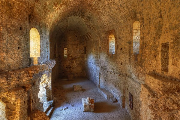 Interior view of a historic fortress with stone vaults and walls, Chlemoutsi, High Medieval Crusader castle, Kyllini peninsula, Peloponnese, Greece, Europe