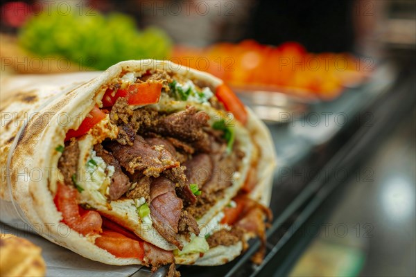 A freshly prepared doner kebab with beef and salad, KI generated, AI generated