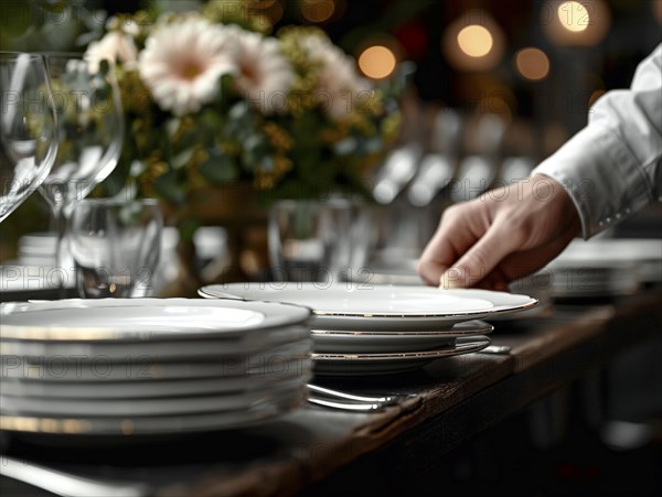 A dedicated waiter decorates the tables in a restaurant, AI generates, AI generated