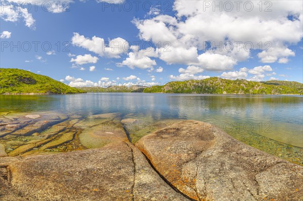 Lake Kvennevatnet, landscape format, inland water, shore, mountain, reservoir, landscape photo, nature photo, single shot, clouds, summer, Aseral, Agder, Norway, Europe