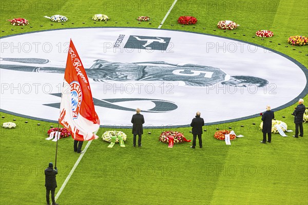 Former national football players bid farewell to Franz Beckenbauer, FC Bayern fan club waves flag, FC Bayern Munich funeral service for Franz Beckenbauer, Allianz Arena, Froettmaning, Munich, Upper Bavaria, Bavaria