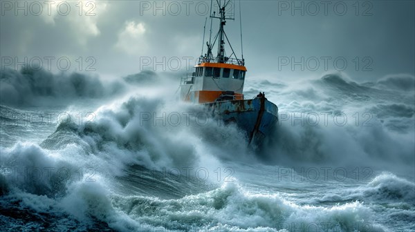 A heavy storm sweeps over the sea and creates very high waves at wind force 12 and in the middle of it a small fishing boat, AI generated, AI generated
