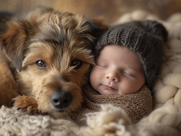 A newborn baby nestled in warm blankets, small dog next to it, ai generated, AI generated