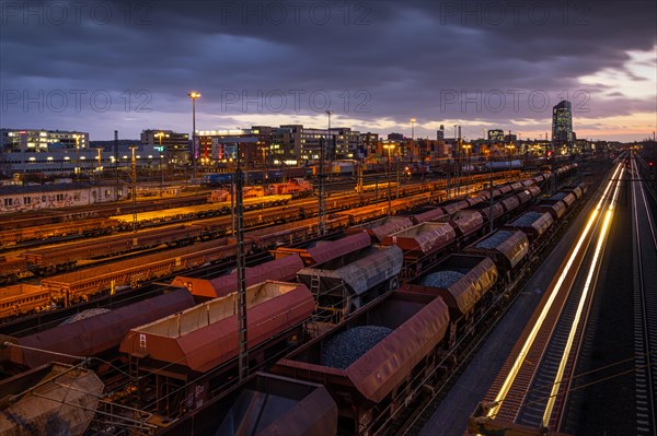Numerous wagons are parked at the Frankfurt East freight station, near the European Central Bank (ECB) . The German Train Drivers' Union (GDL) is striking across the board in passenger transport from Wednesday, 24 January to Monday, 29 January 2024. The work stoppage at DB Cargo already began on 23 January 2024. The strike will have a massive impact on all German railway operations, Ostbahnhof, Frankfurt am Main, Hesse, Germany, Europe