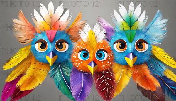 Funny colourful masks made of feathers, faces of three birds, portrait, painting, digital art, AI generated, AI generated