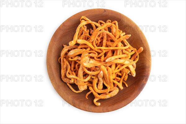 Fresh Cordyceps militaris mushrooms isolated on white background. Top view, flat lay, copy space