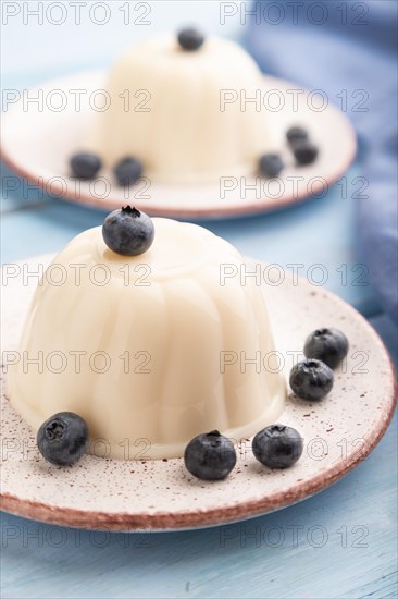 White milk jelly with blueberry on blue wooden background and blue linen textile. side view, close up, selective focus