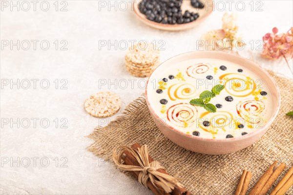 Yoghurt with bilberry and caramel in ceramic bowl on gray concrete background and linen textile. side view, close up, selective focus