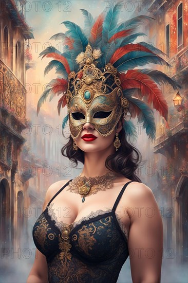 Portrait vibrant curvy woman wear carnival mask, antique lace costume in misty venetian cityscape after sunset in evening, ai generated, AI generated