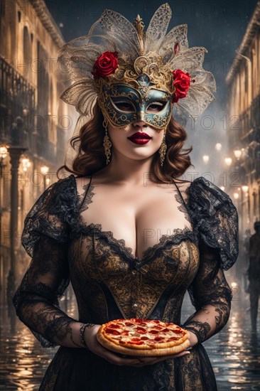 Woman in a vintage masquerade costume holding a sliced pizza, over a venetain misty cityscape at night, blending elegance with a quirky twist, ai generated, AI generated