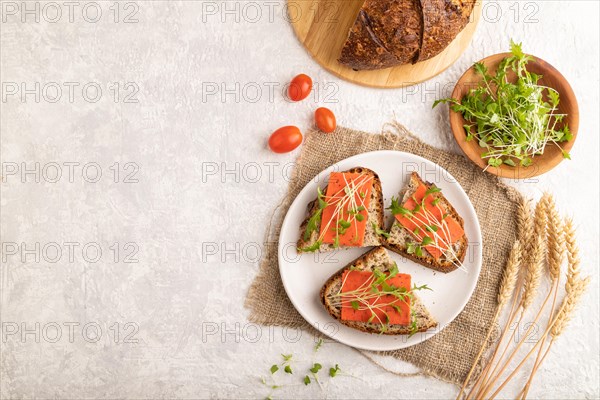 Grain bread sandwiches with red tomato cheese and mizuna cabbage microgreen on gray concrete background and linen textile. top view, flat lay, copy space