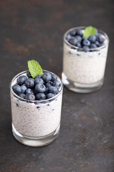 Yogurt with blueberry and chia in glass on black concrete background. Side view, close up