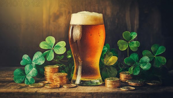 A pint of golden beer on an old wooden table among green clover leaves and gold coins. Happy St Patrick's day background, irish shamrock luck concept. Generative AI art, AI generated