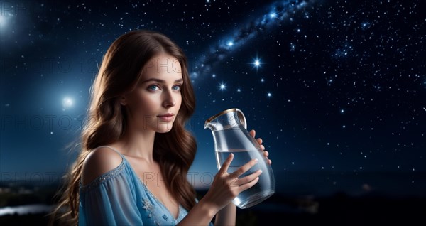 Young woman Aquarius according to the zodiac sign with brown hair and blue eyes against the background of the starry sky. interpretation of the zodiac sign in human form.AI generated