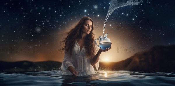 Young woman Aquarius according to the zodiac sign with brown hair and blue eyes against the background of the starry sky. interpretation of the zodiac sign in human form.AI generated