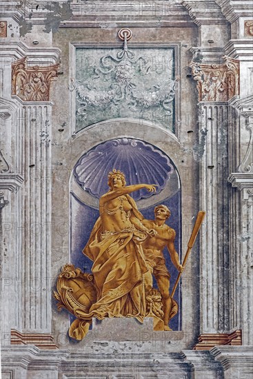 Renaissance fresco on the Palazzo San Giorgio, built in 1260, Piazza Caricamento, Genoa, Italy, Europe