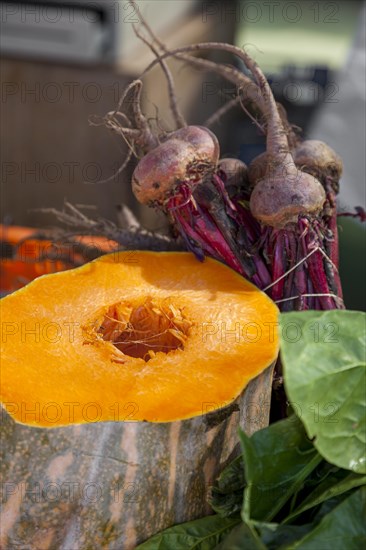 Market stall, market sale of vegetables, pumpkin and beetroot, Majorca, Balearic Islands, Spain, Europe