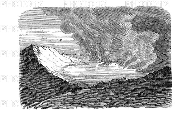 Crater of the island of Ferdinandea (Nerita), also Isola Ferdinandea, sunken volcanic island in the Mediterranean (historical, old lithograph), black and white drawing, illustration of a volcanic eruption with smoke and ash, geology, volcanology, artist: Bernhard von Cotta, Italy, Europe