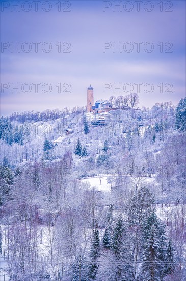 View of the Fuchsturm on the Kernberge in winter with snow, Jena, Thuringia, Germany, Europe