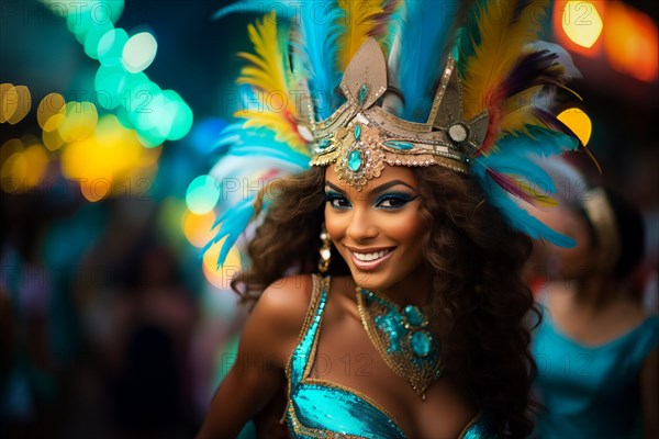 Captivating image capturing the essence of the Rio Carnival, showcasing a dancer adorned in an elaborate, vibrant costume, embodying the spirit and energy of this iconic festival, AI generated