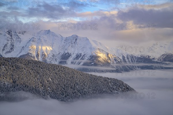 Mountain panorama, foggy landscape, Belalp, Naters, Brig, Canton Valais, Switzerland, Europe