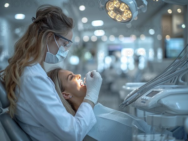 A patient is treated in a dental practice by a dentist, AI generated