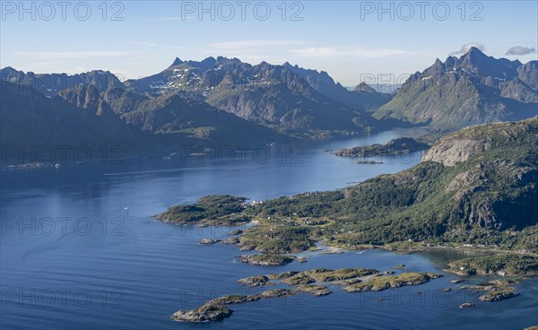 View of coast in Raftsund fjord and mountains in the evening light, view from the top of Dronningsvarden or Stortinden, Vesteralen, Norway, Europe