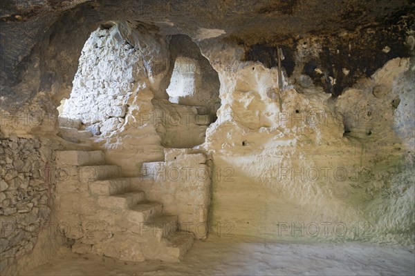 Interior view of a cave with visible erosion and highlighted cave architecture, Aladja Monastery, Aladja Monastery, Aladzha Monastery, medieval rock monastery, cave monastery in limestone rock, Varna, Black Sea coast, Bulgaria, Europe