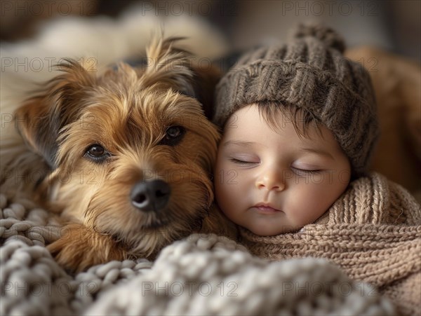 A newborn baby nestled in warm blankets, small dog next to it, ai generated, AI generated