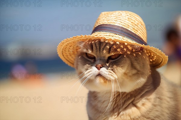 Cat wearing summer straw hat with blurry beach in background. KI generiert, AI generated