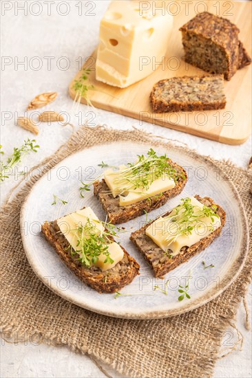 Grain bread sandwiches with cheese and watercress microgreen on gray concrete background and linen textile. side view, close up