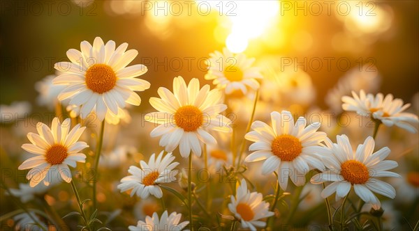 Peaceful white Angelita daisies glowing in the soft sunlight with bokeh effect, AI generated