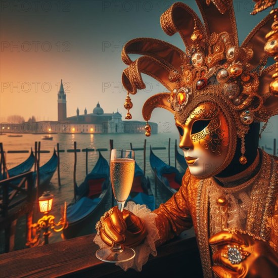Person in an elegant carnival costume in front of misty Venetian scenery with gondolas at the canal, having prosecco sparkling white wine outdoors for mardy grass, ai generated, AI generated