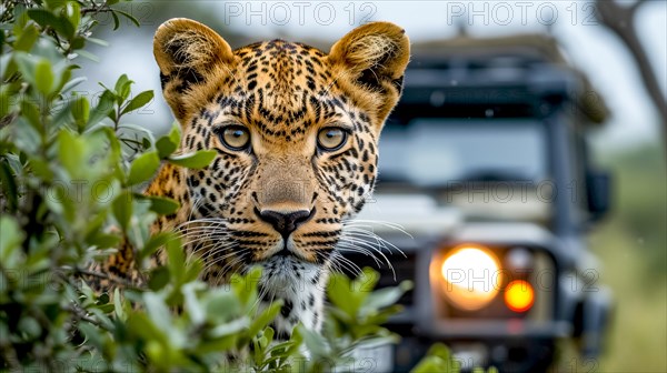 Leopard (Panthera pardus) in natural environment with Jeep, Landrover, AI generated