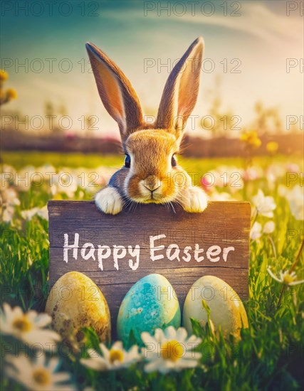 Cute bunny holding a wooden board with Happy Easter text. Little rabbit hidden behind a wood banner in the spring meadow among blooming flowers and colorful eggs. Generative AI art, AI generated