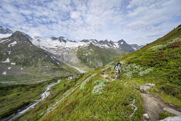 Mountaineer on hiking trail in picturesque mountain landscape, mountain peak with snow and glacier Hornkees and Waxeggkees, summit Grosser Moeseler and mountain hut Berliner Huette, Berliner Hoehenweg, Zillertal Alps, Tyrol, Austria, Europe