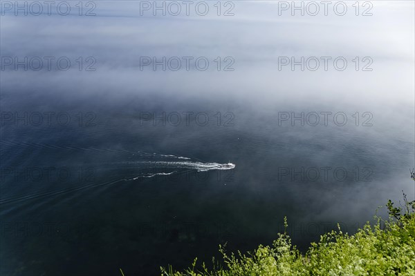 Coastal seascape, fishing boat in fog, Gulf of Saint Lawrence, Province of Quebec, Canada, sea, water, blue, North America