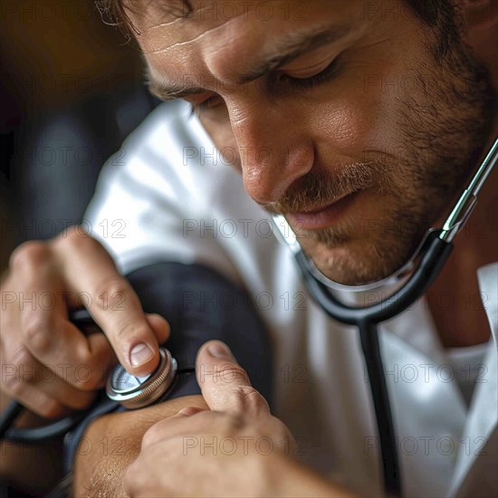 A man checks his blood pressure with a measuring device. Avoidance of bulk hypertension, scarcity, precaution, AI generated