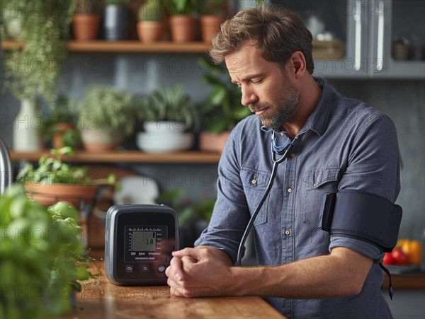 A man checks his blood pressure with a measuring device. Avoidance of bulk hypertension, scarcity, precaution, AI generated