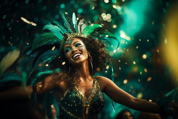 Captivating image capturing the essence of the Rio Carnival, showcasing a dancer adorned in an elaborate, vibrant costume, embodying the spirit and energy of this iconic festival, AI generated