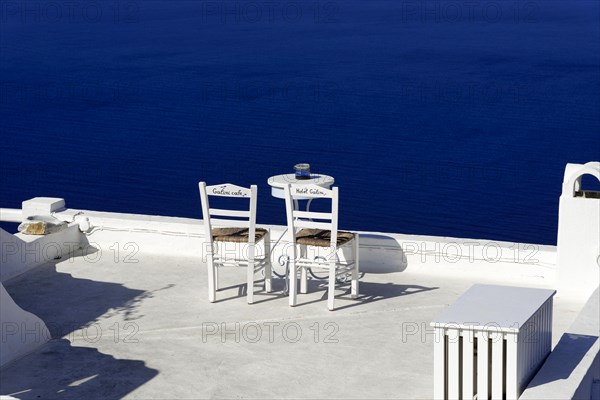 Chairs, Terrace, Hotel, Santorini, Cyclades, Greece, Europe
