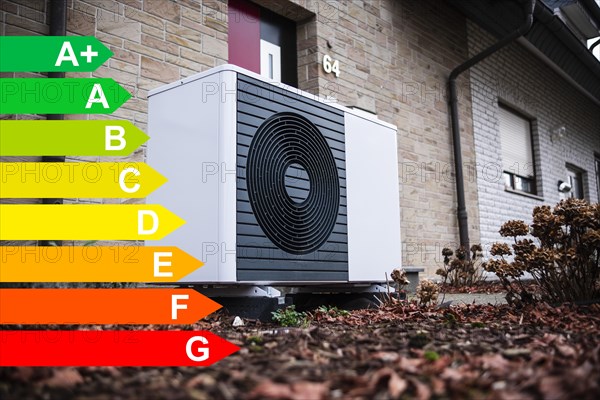 Heat pump on a detached house, diagram with energy efficiency classes for buildings according to the GEG, Duesseldorf, Germany, energy efficiency, Europe