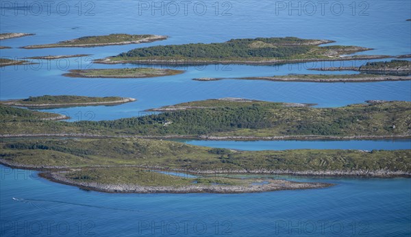 Rocky islands in the blue sea, sea with archipelago islands, Ulvagsundet, Vesteralen, Norway, Europe