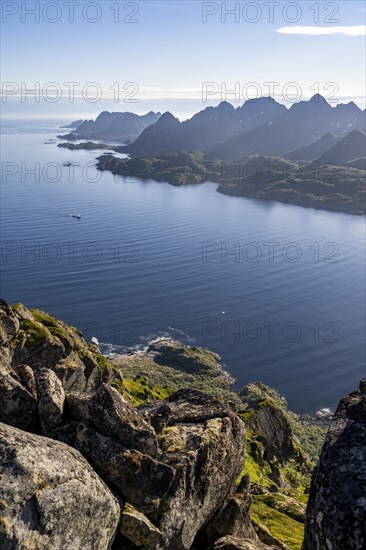 View of Ulvagsundet fjord and mountains, view from the summit of Dronningsvarden or Stortinden, Sonnenstern, Vesteralen, Norway, Europe