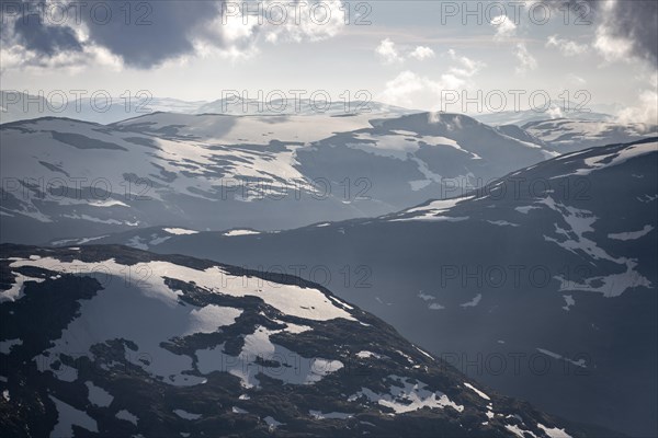 Mountain peak with Jostedalsbreen glacier, view from the summit of Skala, Loen, Norway, Europe