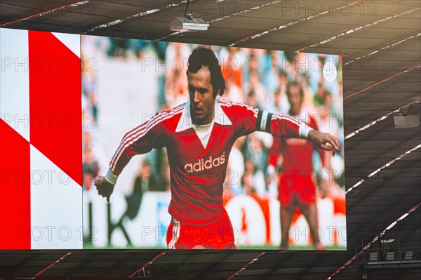 Picture of Franz Beckenbauer on the scoreboard, FC Bayern Munich funeral service for Franz Beckenbauer, Allianz Arena, Froettmaning, Munich, Upper Bavaria, Bavaria