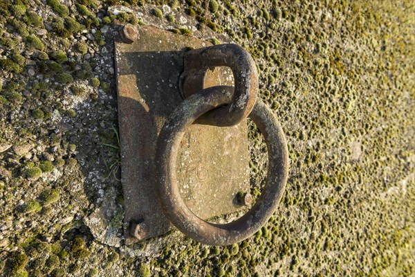 Plate attached to wall with ring for mooring ships or boats, fastening, eyelet, Baden-Wuerttemberg, Germany, Europe