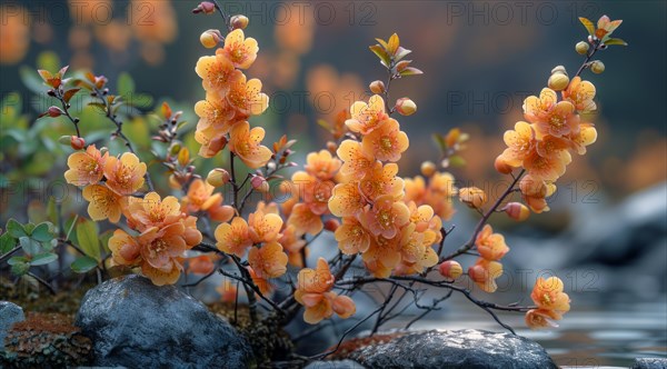 Vivid Berberis thunbergii orange blossoms emerging from rocks by water, creating a tranquil scene, AI generated